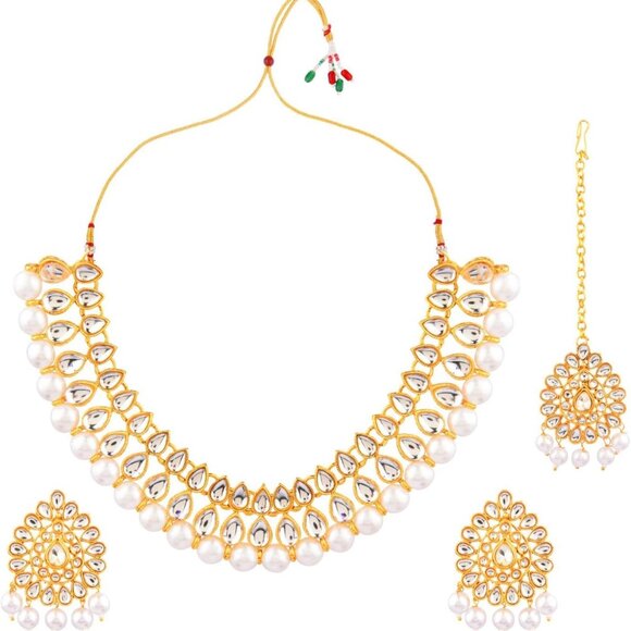 Kundan Necklace Set Copper Alloy Faux Pearl Bridal Indian Jewelry - Picture 1 of 7